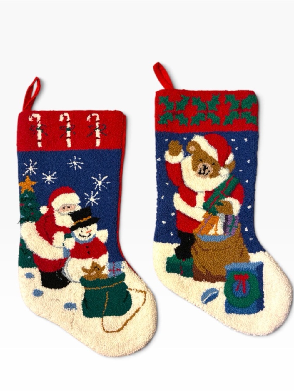 Vintage Christmas Stockings Hooked Wool Santa and Bear Needlepoint Set of 2